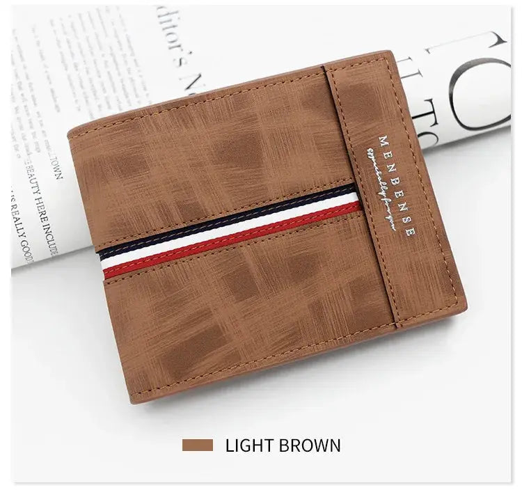 Men's luxury slim wallet in light brown PU leather with a red-white-blue stripe