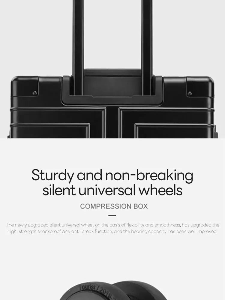 Black hard-shell aluminum-magnesium alloy travel suitcase with telescoping handle and silent universal wheels (20/24/28).
