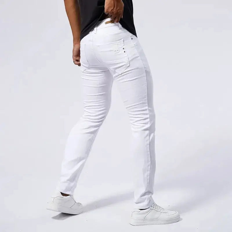 Mens White Casual Jeans Slim Fit Straight Denim Pants Streetwear