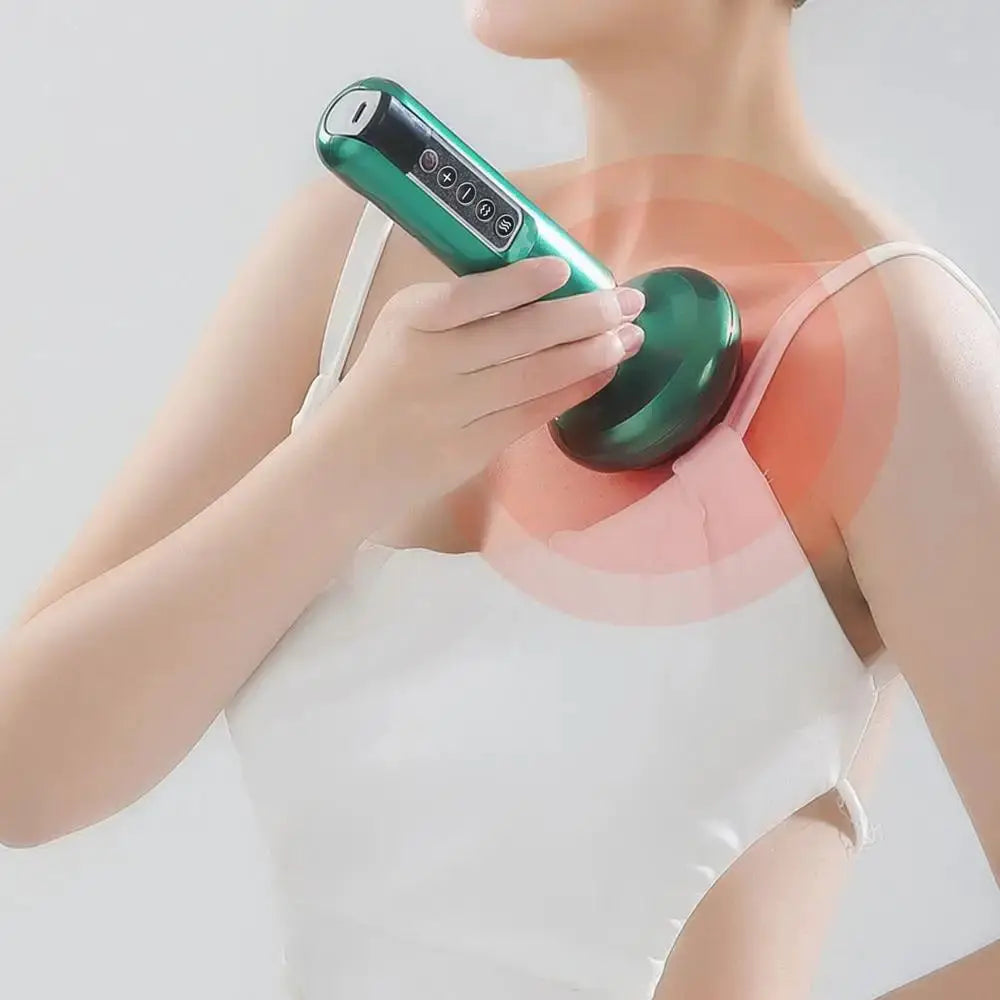 Simples Market handheld anti cellulite massager with green body and suction cup on shoulder