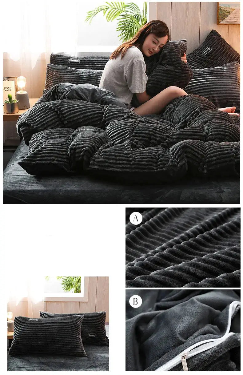 Simples Market 3pc duvet cover bedding set in charcoal gray flano coral fleece with pillowcases