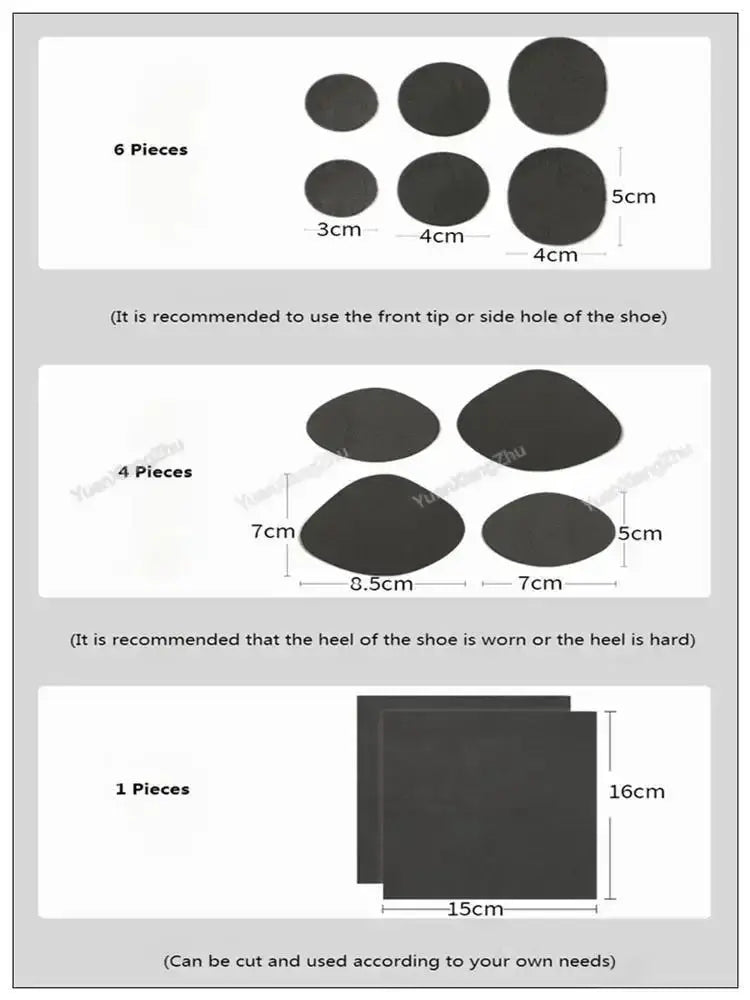 Simples Market shoe repair patches kit with six black circular patches, four irregular patches, and a 15×16 cm sheet.