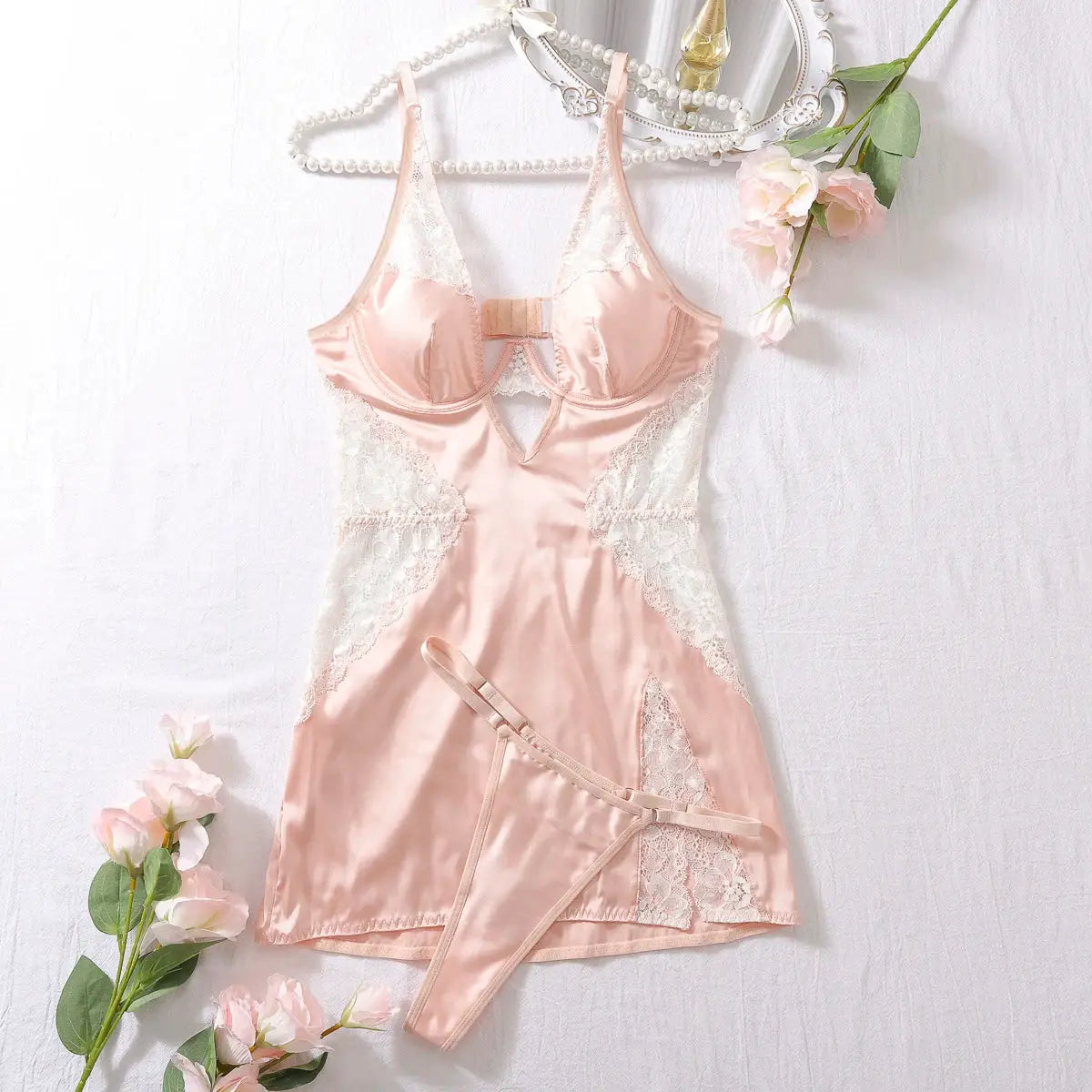 Ellolace Sexy Deep V Neck Satin Dress Seductive Lace Patchwork Nightwear Slip For Women