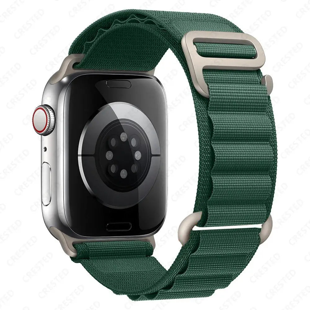 Apple Watch nylon Alpine bracelet strap in green for 40–49mm sizes with metal buckle