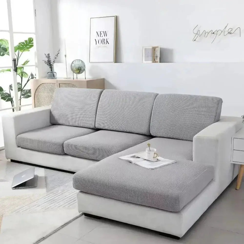 Jacquard grey polar fleece stretch sofa covers for sectional with chaise; removable couch protectors.