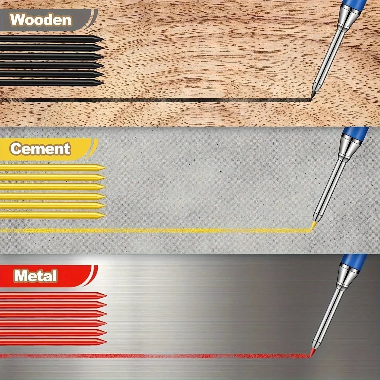 Simples Market carpenter pencil set with 16 refills; black wooden pencils, yellow cement pencils, and red metal pencils.