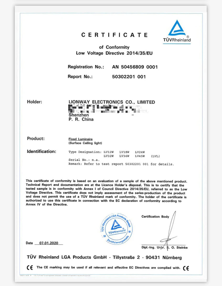LVL LED ceiling light certificate of conformity from TÜV Rheinland for fixed luminaire by Lionway Electronics Co., Limited.