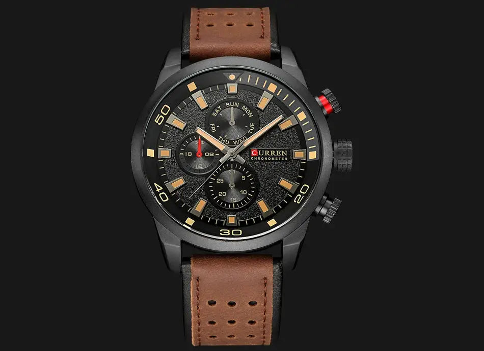 Curren 8250 men's watch with black dial, gold-tone markers and perforated brown leather strap