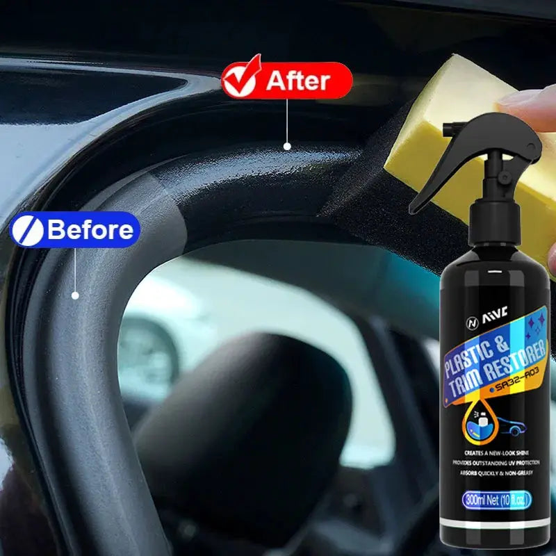 Plastic Restorer spray bottle by Simples Market; black bottle with blue label for car trim restoration