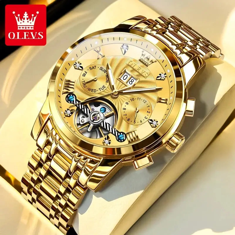 OLEVS 9910 Mens Watch Waterproof Luminous Automatic Mechanical Dual Calendar Date Stainless Steel Band