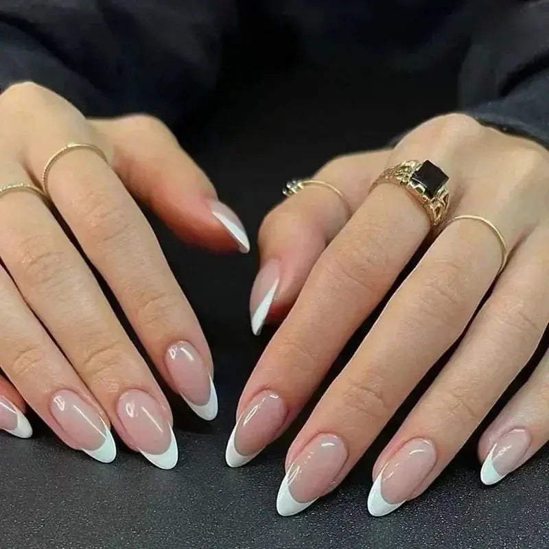 Glamora French Almond False Nails 24 Piece Press On Stiletto Tips With White Edge Design Glue Included For Wearable Glam