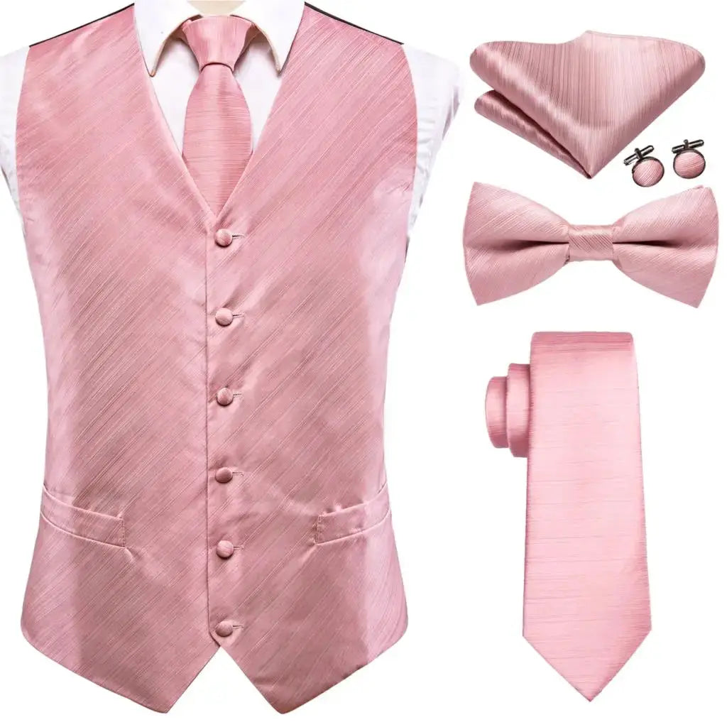 Pink satin waistcoat 5-piece set with necktie, bowtie, pocket square, and cufflinks