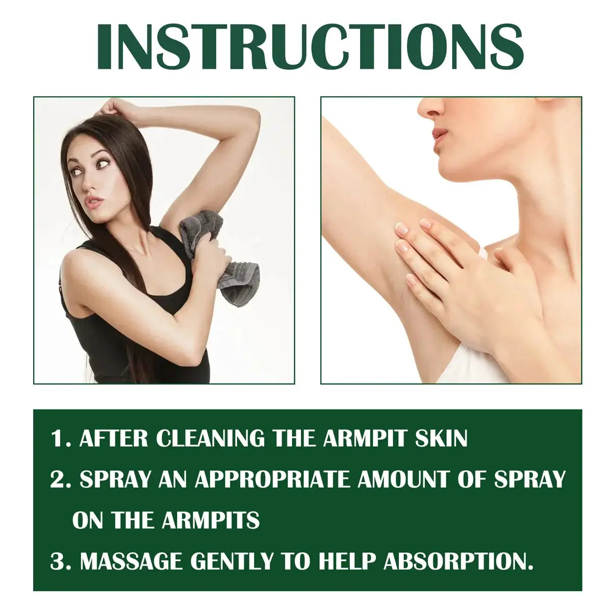Herbal Essence Deodorant Cream by Simples Market; two-panel instruction infographic showing underarm application steps.
