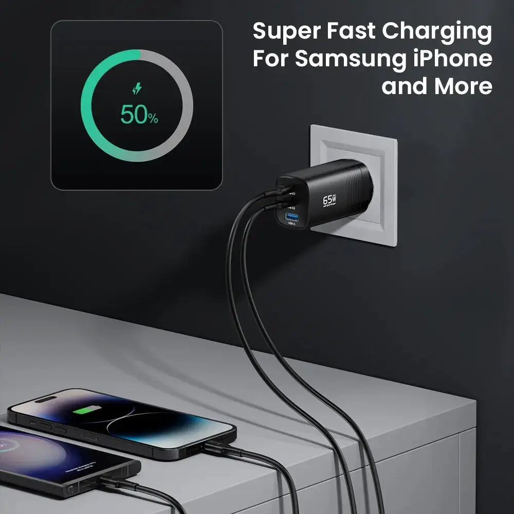 ASOMETECH GaN USB Type-C charger 65W; compact black wall charger powering 2 devices via USB-C cables