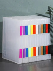 Transparent A4 plastic file box with double-layer storage and rainbow color tabs