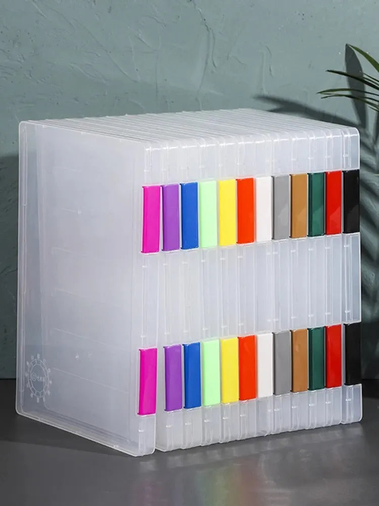 Transparent A4 plastic file box with double-layer storage and rainbow color tabs