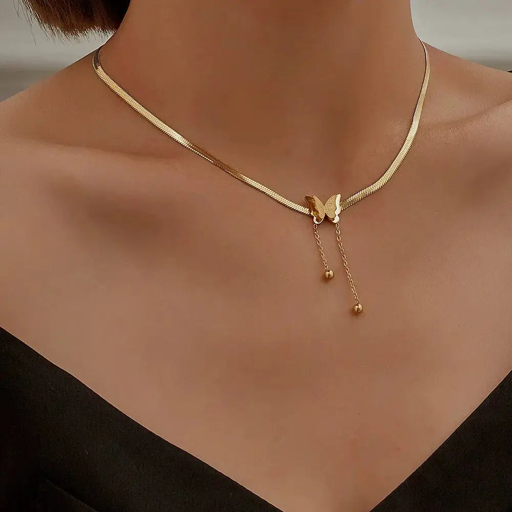 Vintage Butterfly Necklace For Women Golden Stainless Steel Snake Chains Choker With Charm Jewelry Gift