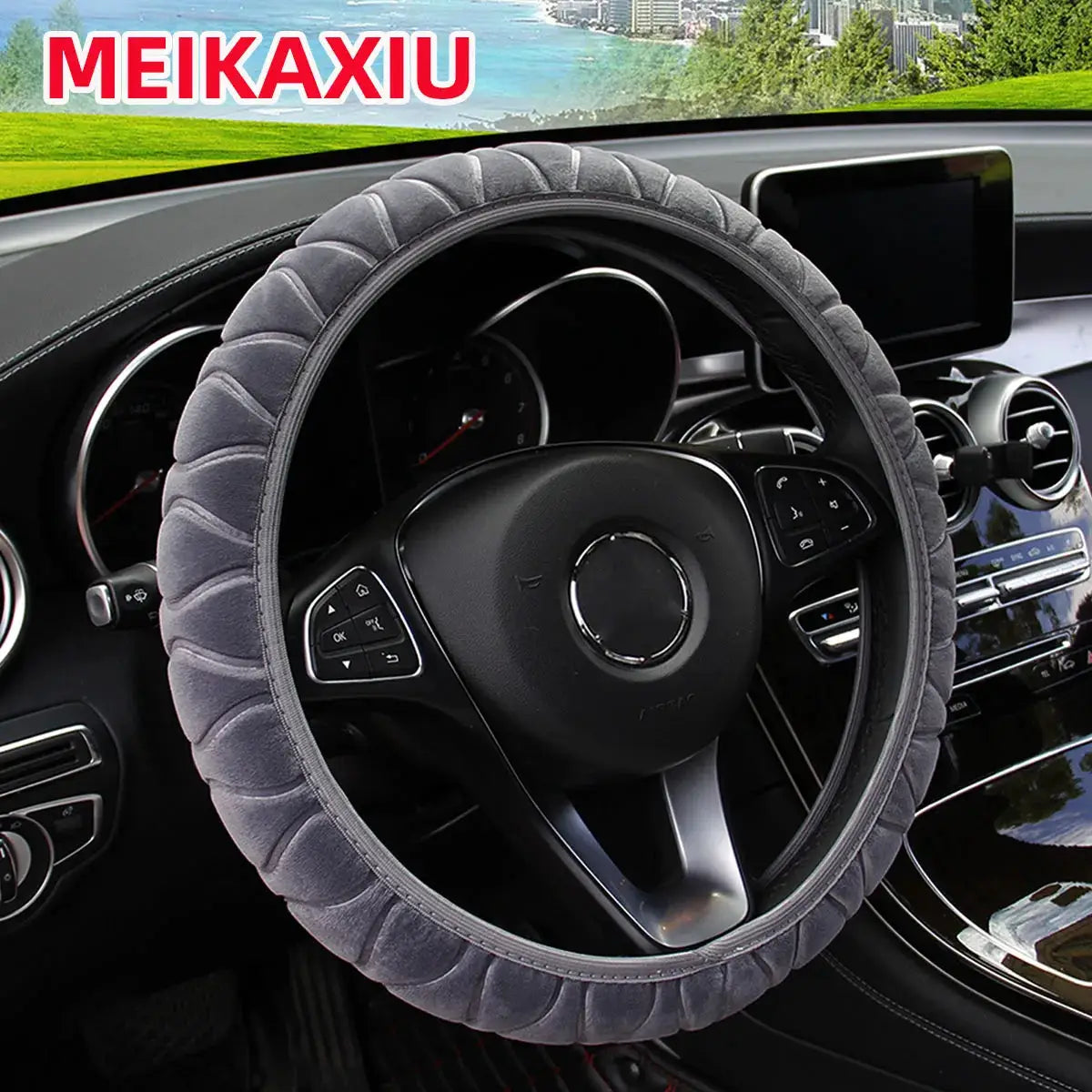 Simples Market soft short-fur plush steering wheel cover, gray, fits 14.5–15-inch wheels, car interior accessory