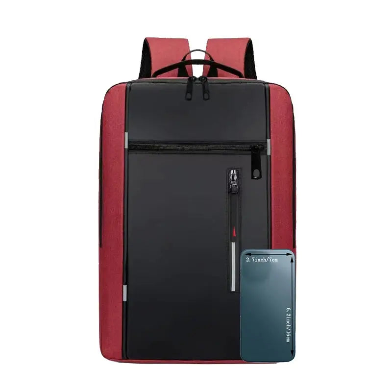 Neutral style schoolbag by Simples Market; black front panel with red sides, front zip pocket, suitable as travel and business backpack for men and women