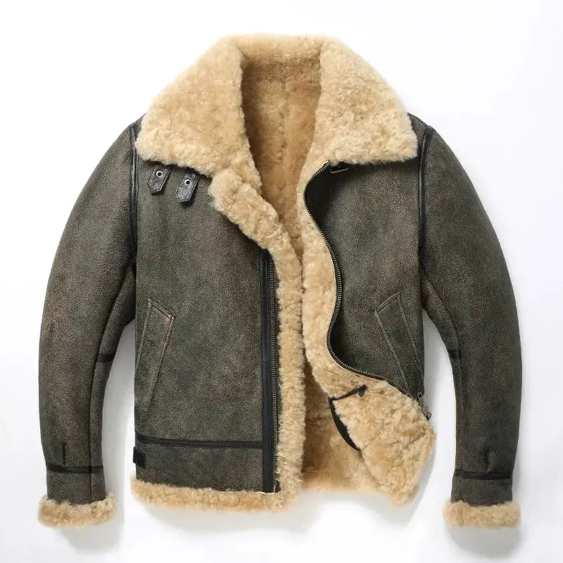 Men's olive-green leather shearling flight jacket with beige fleece lining