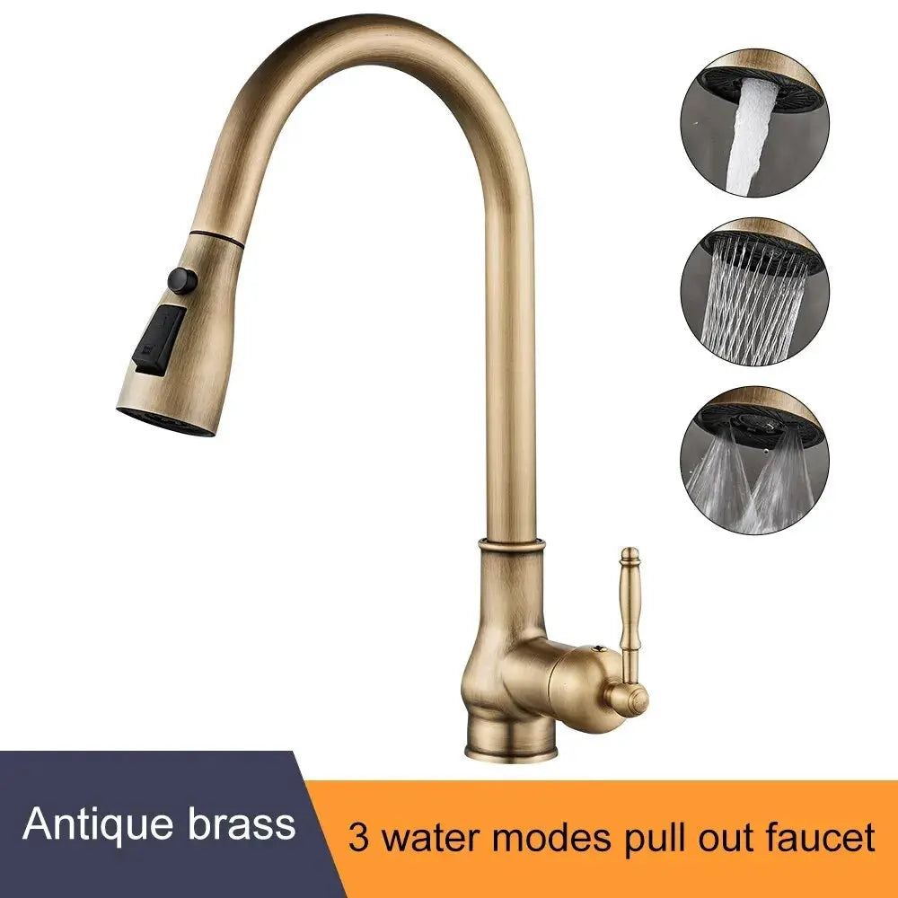 Kitchen faucet antique brass pull-out with gooseneck spout and sprayer, hot and cold, 3 water modes.