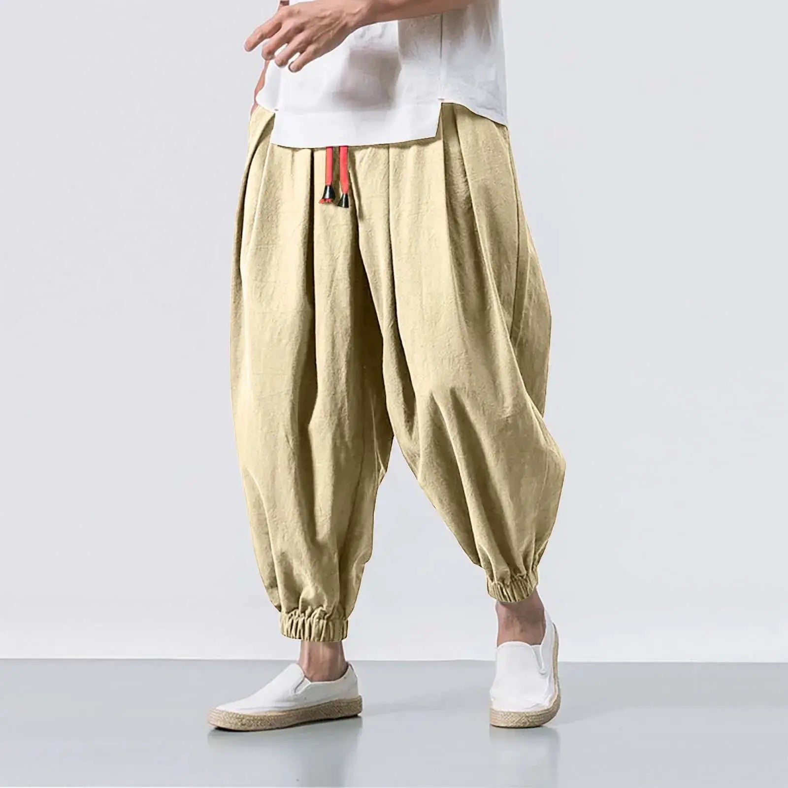 FGKKS Men Loose Harem Pants Linen Cotton Blend Oversize Sweatpants Casual Trousers