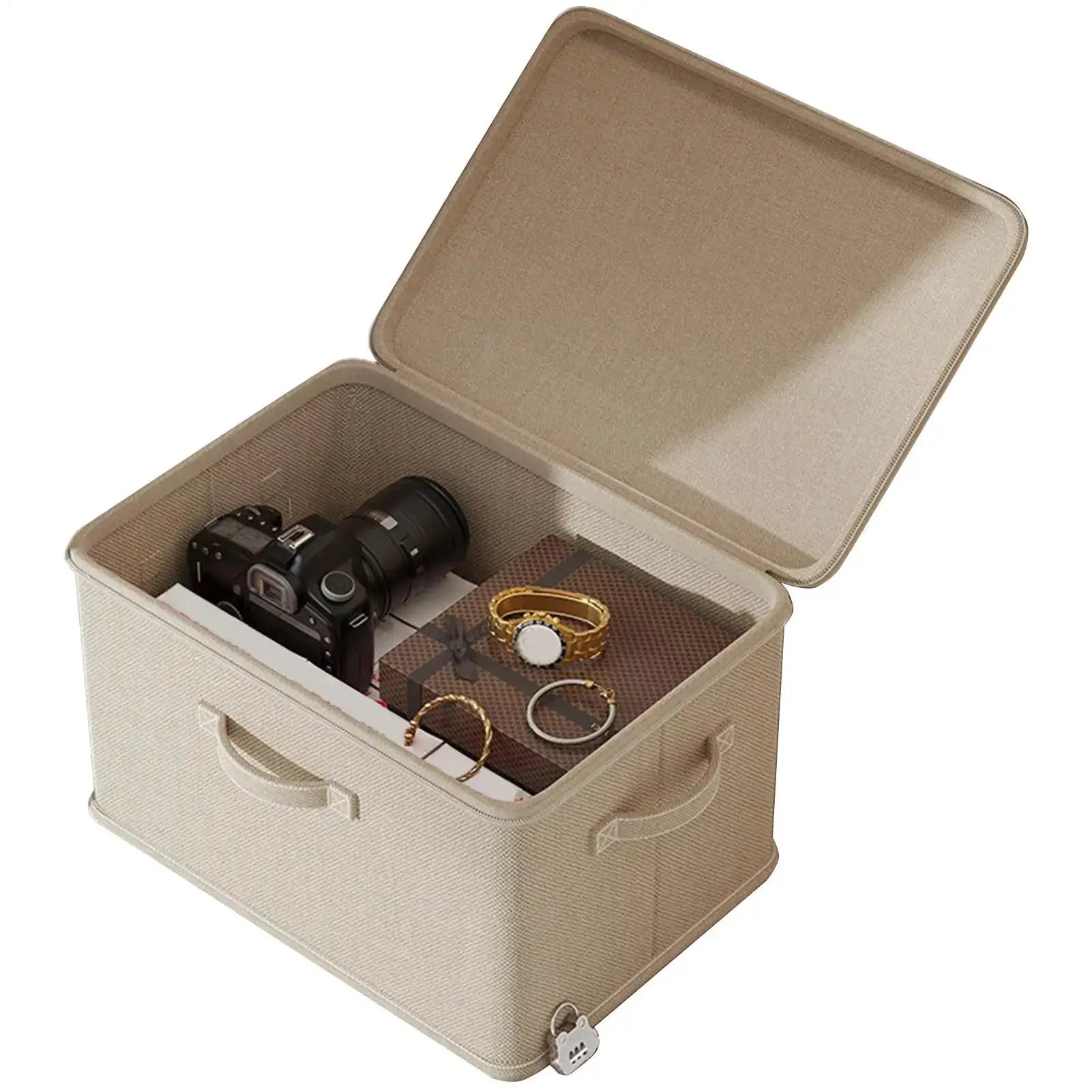 Lockable storage box in beige fabric with lid and handle; stackable, open lid reveals camera gear and jewelry inside