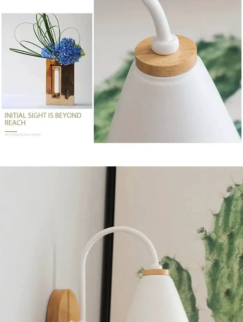 Nordic wall sconce light fixture with white conical shade and wood accent for bedroom or living room