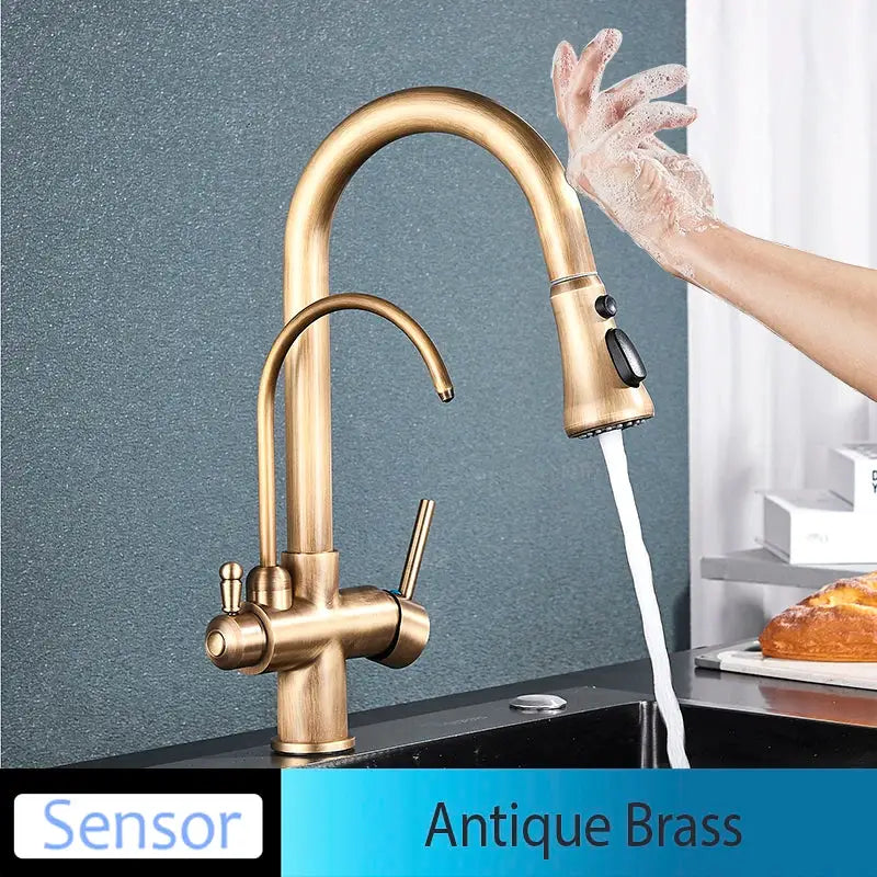 Antique brass deck-mounted kitchen faucet with pull-out spray and dual handles