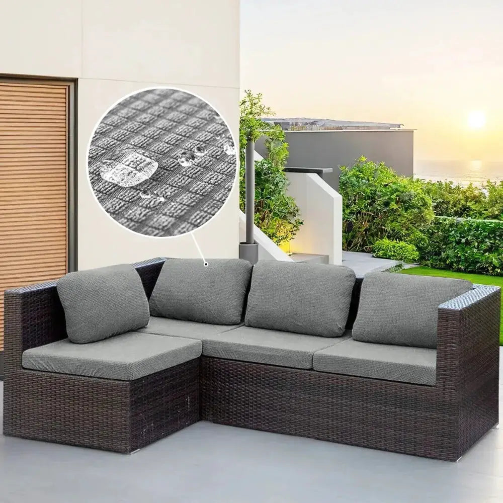 Waffle jacquard patio sofa cover for a gray outdoor sectional with polar fleece cushions, waterproof