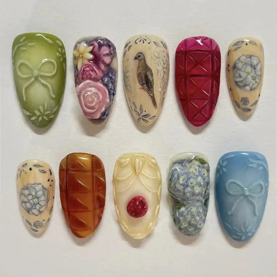 Spicy Girl Flower Print Press On Nails 24Pcs Wine Red Blush Almond Wearable Reusable False Nail Tips For Summer