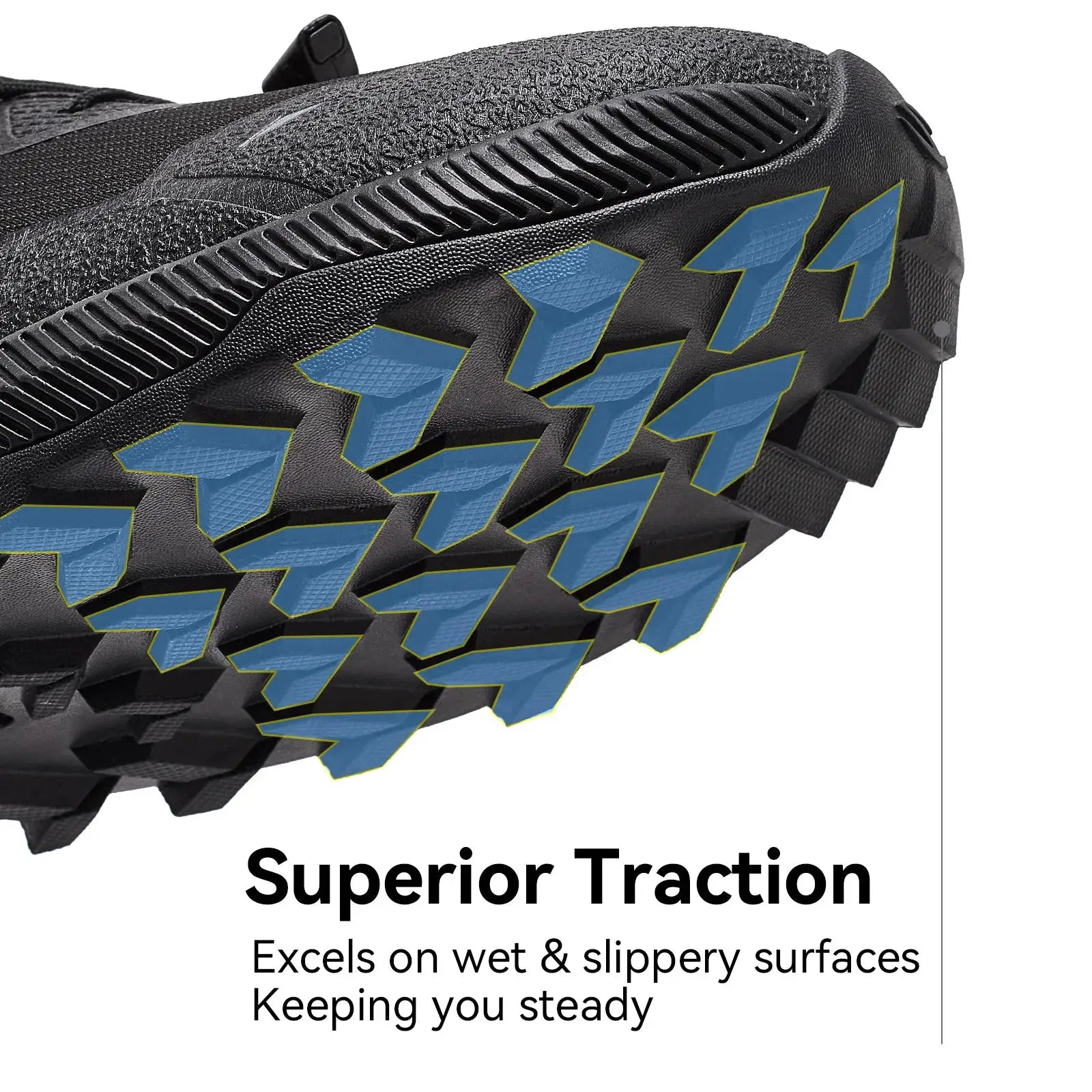 HOBIBEAR unisex running shoes with blue chevron outsole pattern on black rugged sole
