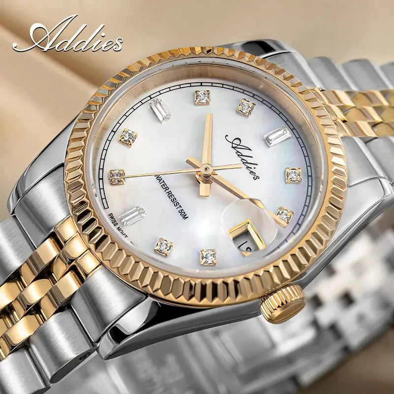ADDIES luxury women's watch with two-tone stainless steel band, gold bezel, mother-of-pearl dial and diamond markers