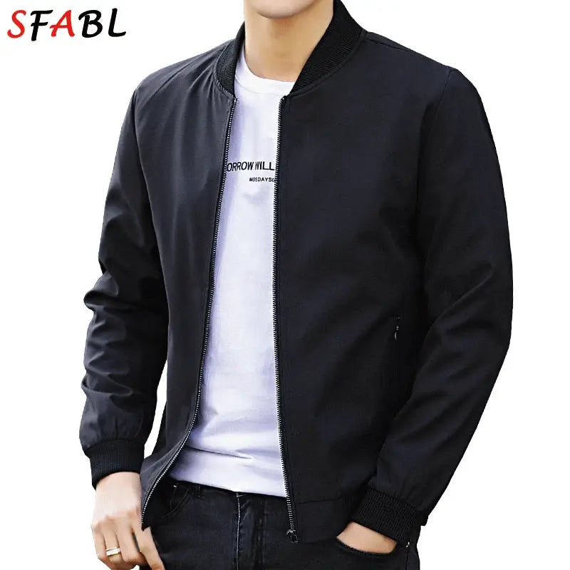 Men's black bomber jacket by Simples Market, solid color with zip front and ribbed cuffs