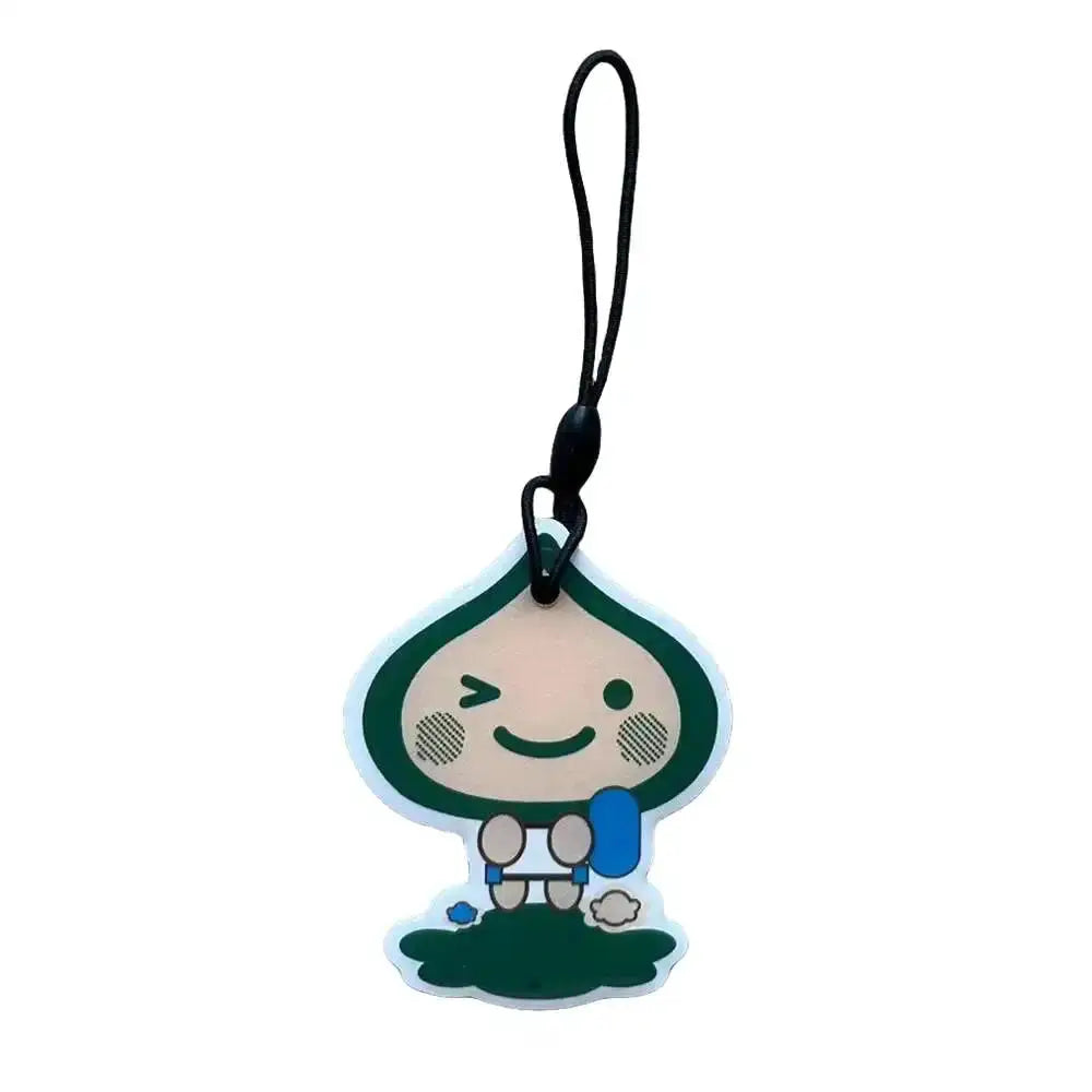 RFID EM4305/T5577 key tag with a cute beige cartoon character in a green outline, attached to a black strap