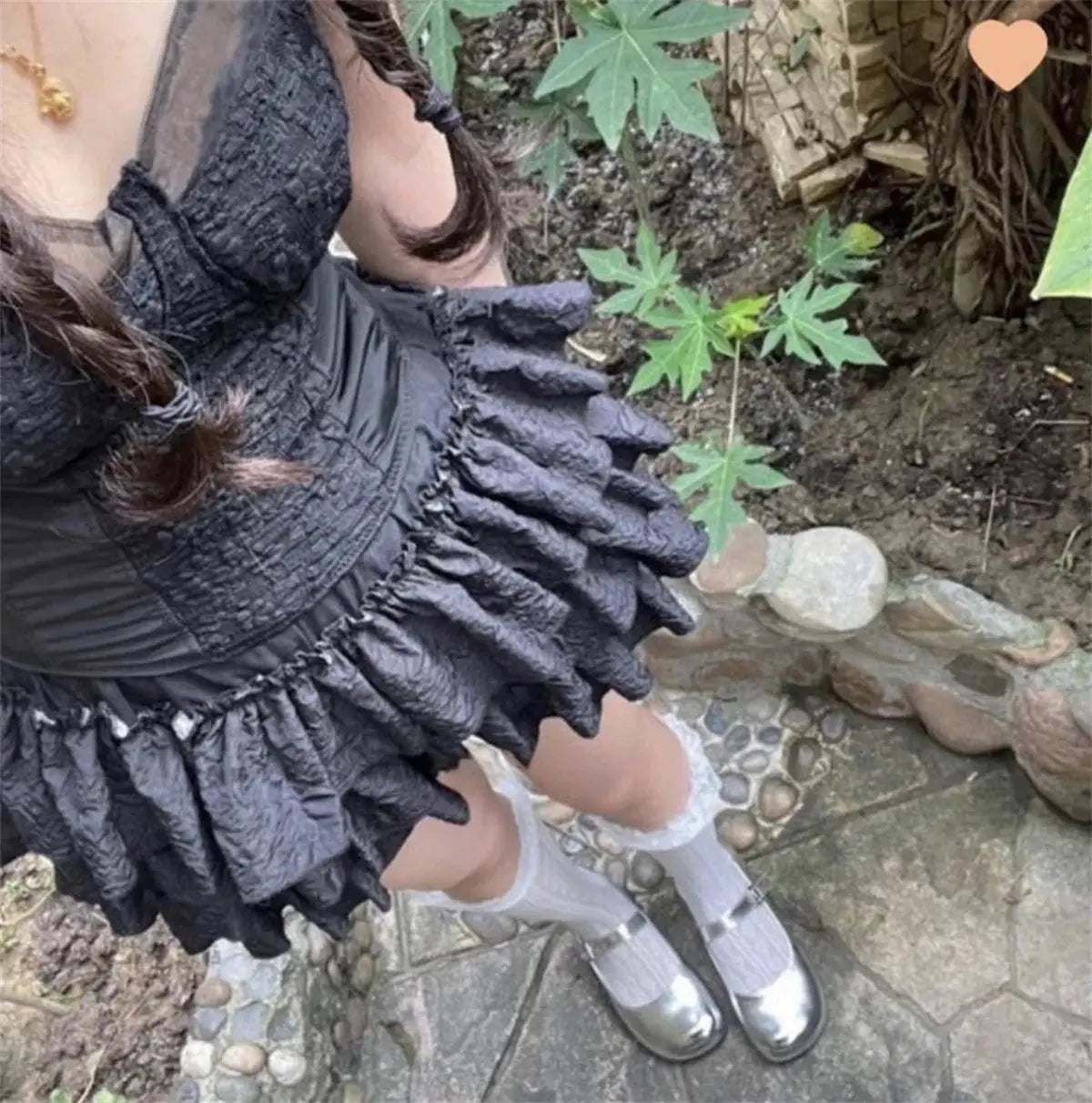 Simples Market Kawaii Lolita black layered ruffle mini skirt with elastic waist