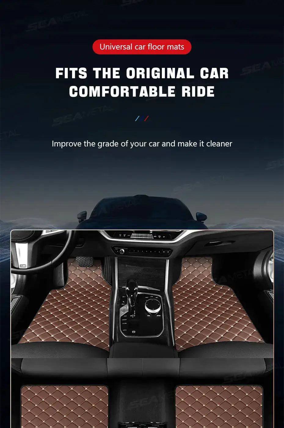 SEAMETAL 4-piece car floor mat set, brown quilted, waterproof anti-slip cargo liner