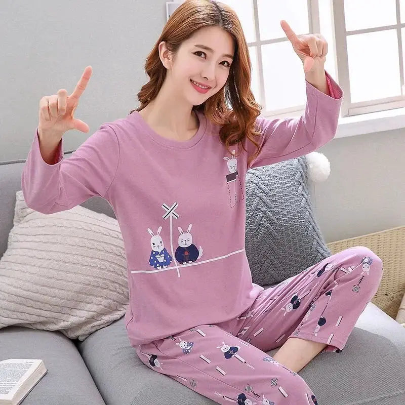 CozyCloud Autumn Thin 2 Piece Pajama Set Women Lightweight Breathable Sleepwear With Cartoon Teacup Cat Print