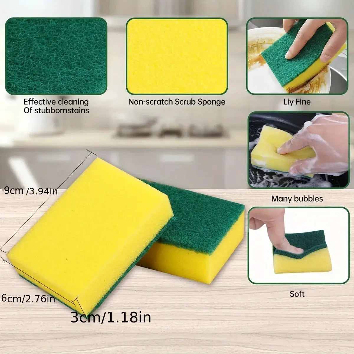 20Pcs double-sided kitchen scouring pads from Simples Market; yellow and green sponges, 9x6x3 cm