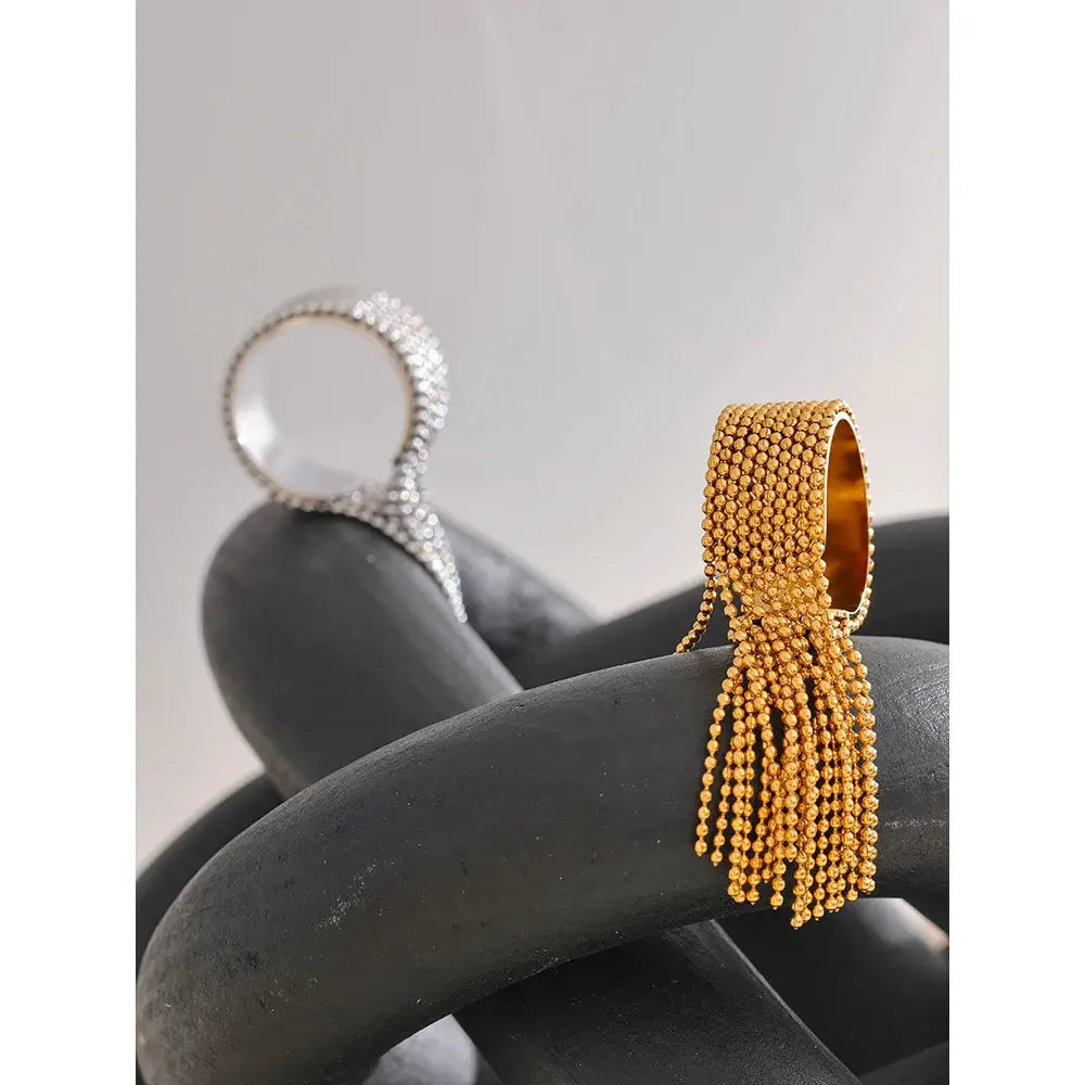 Yhpup Statement Stainless Steel Chain Tassel Ring Adjustable 18K PVD Gold Plated Fashion Jewelry For Women