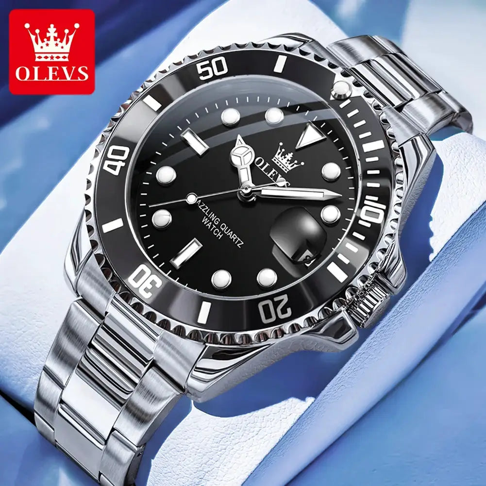 OLEVS 5885 men's stainless steel diving watch with black dial and luminous markers