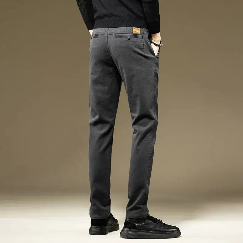 KUBRO men's cotton straight-leg trousers in charcoal gray with back pockets and button, casual business wear.