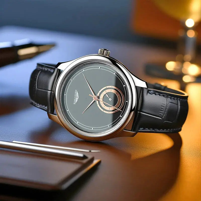 Mens Black Leather Quartz Analog Watch With Numberless Dial For Business Casual Everyday Use