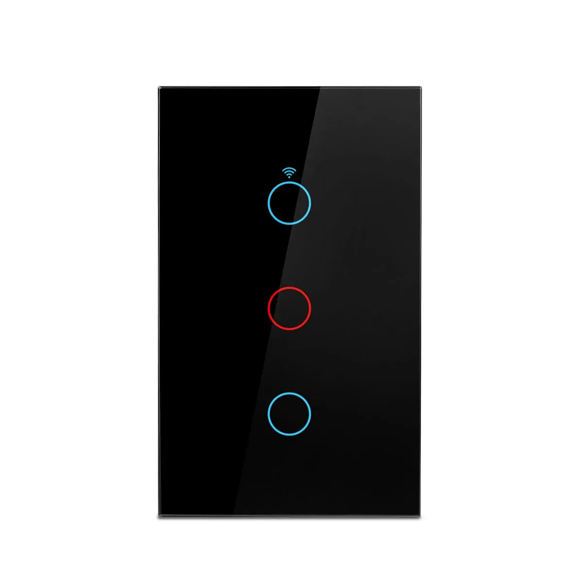 RF433 3-gang US WiFi smart wall switch by Simples Market; black glass panel with blue and red touch LEDs