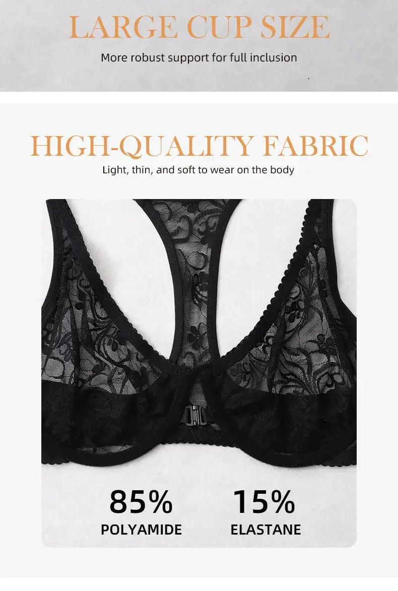 Bra with black lace, sheer floral mesh, front clasp, underwire