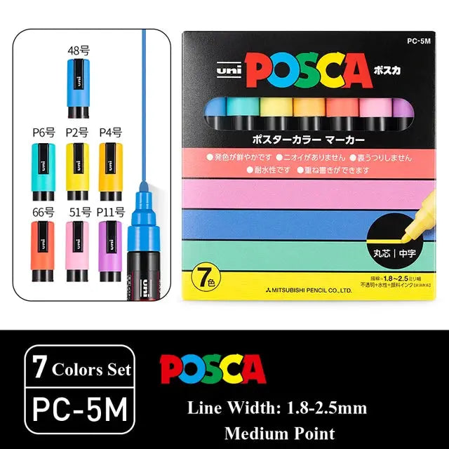 Uni POSCA paint marker set in vinyl case, 7-color PC-5M with PC-1M/PC-3M; poster color water-based pigment ink