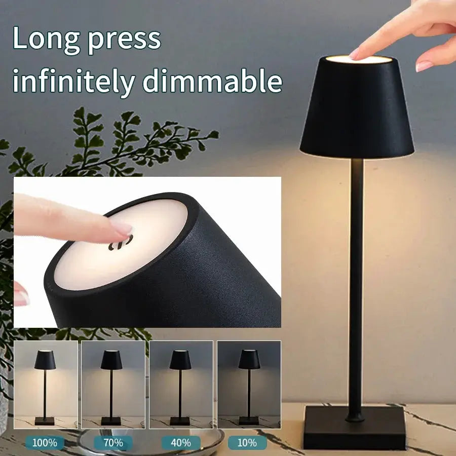 LED desk lamp with black metal stem and square base; touch control and USB rechargeable, 3-color ambient lighting.
