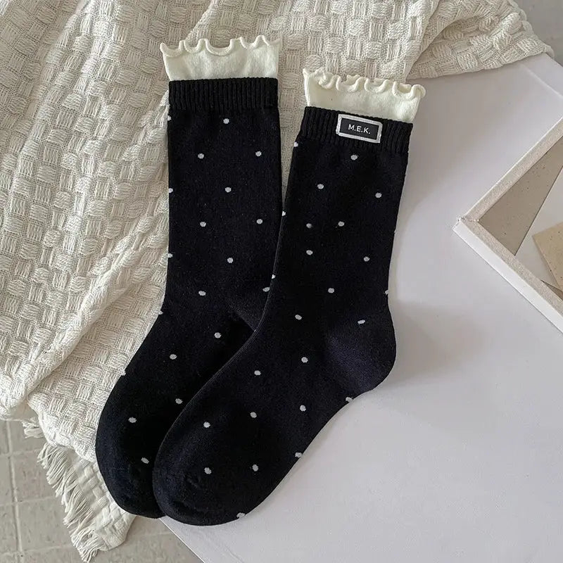 PreppySteps Womens Dots Pattern Frilly Long Socks Breathable Combed Cotton Everyday Comfort