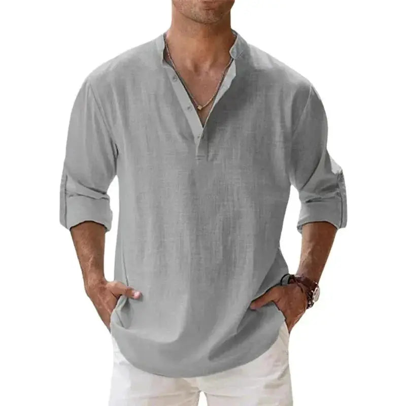 Men's Lightweight Long Sleeve Henley Shirts Cotton Linen Blend Breathable Casual Beachwear Tee