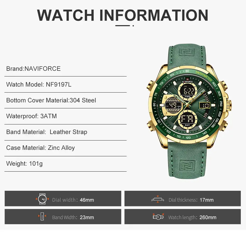 NAVIFORCE men's chronograph wristwatch with green dial and green leather strap